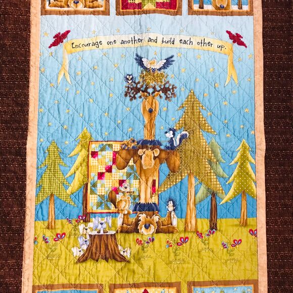 Handmade Quilted Table Runner "Encourage One Another" Browns Tans Greens 47x28" - Picture 5 of 12